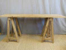 A rustic style trestle table with elm or oak top (W180 x D46 x H85cm)