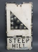 A vintage cast aluminium 'steep hill' road sign with bullseye reflectors and cast with name Franco
