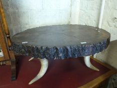 A rustic topped coffee table supported by four buffalo horn legs (diameter 94cm)