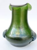 A Loetz / Kralic style shaped green glass vase with applied decoration,