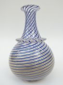 Clichy glass bottle vase with blue and white spiralling decoration and applied collar, 18.