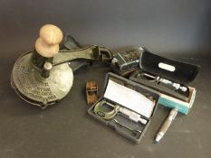 Two cased micrometers, one Moore & Wright the other Mitutoyo, a small woodworking plane marked 101,