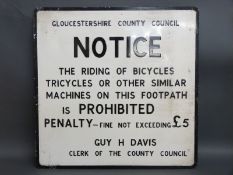 A vintage pressed aluminium Gloucestershire County Council 'bicycles on footpath' sign, 60.