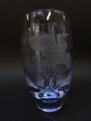 Orrefors Heron glass vase with engraved decoration, signed and named to base, 17.