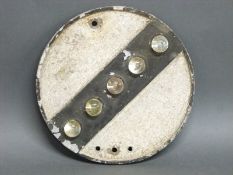 A small vintage cast aluminium circular road sign with bullseye reflectors,