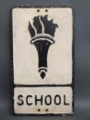 A vintage cast aluminium 'school' road sign, cast with name Franco Traffic Signs Ltd, 53.5 x 30.