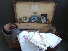 A vintage Superwelt fibre suitcase containing a fireman's belt,