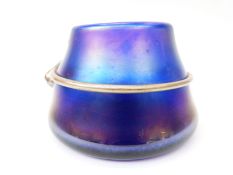 A Loetz /Kralic style iridescent glass bowl of tapering form with applied tubular decoration,