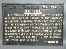 A cast iron Great Western Railway trespass warning notice sign,