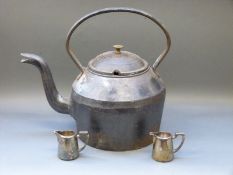 A Stroud railway ganger's teapot and two silver plated jugs marked MR, possibly Midland Railway,