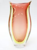 A double lined green over salmon pink vase, unsigned but in the style of Orrefors, 17.