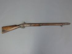 Enfield 2-band percussion hammer action gun with brass butt plate and trigger guard,