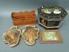 An Indian lacquer box, width 30cm, Indian picture, letter rack,