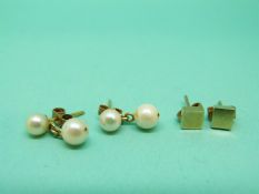 A pair of gold and pearl earrings and a pair of 9ct gold earrings.