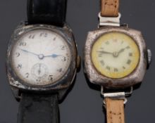 Two hallmarked silver cushion shaped wristwatches one with inset subsidiary seconds dial,