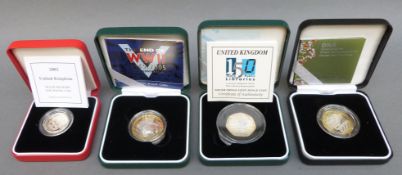 Four cased silver proof UK coins comprising a Double Helix Discovery anniversary £2 Piedfort,