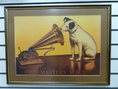 A framed picture of the 'His Masters Voice' dog and gramophone