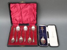 Six cased hallmarked silver teaspoons and a further cased hallmarked silver 1937 Coronation spoon,