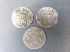 Three silver 2 Stuivers Dutch coins 1790, 1791 and 1792,