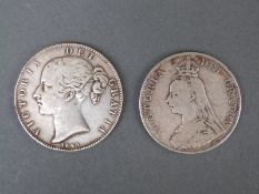 Queen Victoria 1845 young head crown together with an 1890 jubilee double florin