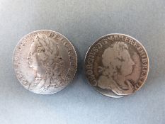 George I 1723 'South Sea' in angles shilling, F, together with a 1758 George II shilling,