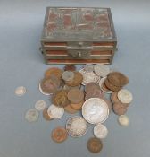 A Chinese pewter and hardwood box containing 1921 Morgan dollar coin, 1937 crown,