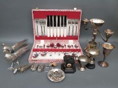 A quantity of silver plated items including decorative table pheasants, novelty duck cruets,