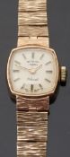 Rotary 9ct gold ladies wristwatch with two tone hands and baton numerals, on bark effect bracelet,