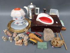 A retro Burleigh ware wall pocket, painted glass lamp shade, stove, retro teapot, mirror,