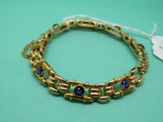 A 15ct gold bracelet, the square links set with round amethysts, 17.8g.