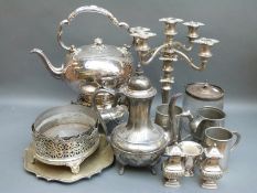 A collection of plated ware including large spirit kettle, height 39cm candelabra,