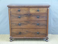 A 19thC flame mahogany chest of two over three graduated drawers flanked by columns,