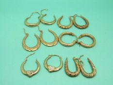Six pairs of 9ct gold hoop earrings, 6.8g.