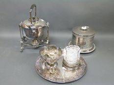 A collection of plated ware including biscuit barrel,