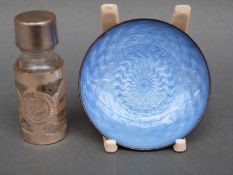 A white metal and guilloche enamel dish marked 925,