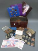 A tin of sundry UK coinage, coin sets,