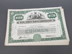 Approximately 100 West Indies Sugar Corporation USA share certificates,