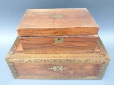 A 19thC rosewood and mahogany writing slope with brass inlay together with a mahogany box, width 50.