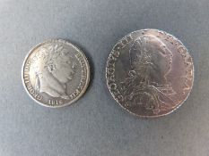 George III 1787 shilling, NVF, together with an 1816 'Bull head sixpence' F,