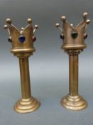 A pair of Arts and Crafts style cabochon jewelled candlesticks,