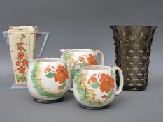 Art Deco jugs inc Wadeheath and a French hobnail cut glass vase