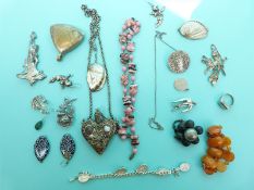 A brooch marked Keim Ltd London, white metal brooches, Art Nouveau jewellery, amber bracelet,