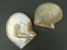 Two large mother of pearl carved and pierced shells,