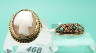 A yellow metal ring set with a cameo and a Victorian yellow metal ring set with turquoise and seed
