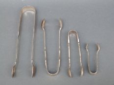 Four sets of hallmarked silver sugar tongs, one Exeter 1825, length 16cm,