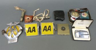 A quantity of collectables to include railway badges, Ronson lighter, AA badges, pocket watch,