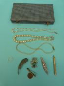 A platinum wedding band, 9ct gold brooch, pencil, pearl necklace, marcasite brooches etc.