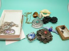 A 9ct gold chain, brooches,including silver, filigree, ivory & Victorian jet in the form of a hand,