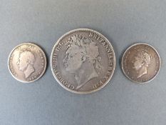 George IIII 1821 crown, F, together with an 1825 shilling and an 1826 'bare head' shilling, both F,