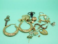 Two pairs of 9ct gold hoop earrings, three pairs of 9ct gold stud earrings etc, 18g.